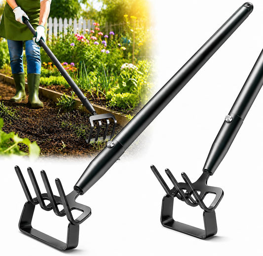 Garden Hoe with Rake, 37-82" Adjustable Long Handle Stirrup Weeder Hoe & 4-Tine Cultivator, Heavy Duty Scuffle Loop Hoe for Fast Weeding, Soil Loosening, Flower Beds, Vegetable Gardens