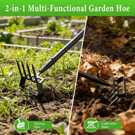 Garden Hoe with Rake, 37-82" Adjustable Long Handle Stirrup Weeder Hoe & 4-Tine Cultivator, Heavy Duty Scuffle Loop Hoe for Fast Weeding, Soil Loosening, Flower Beds, Vegetable Gardens