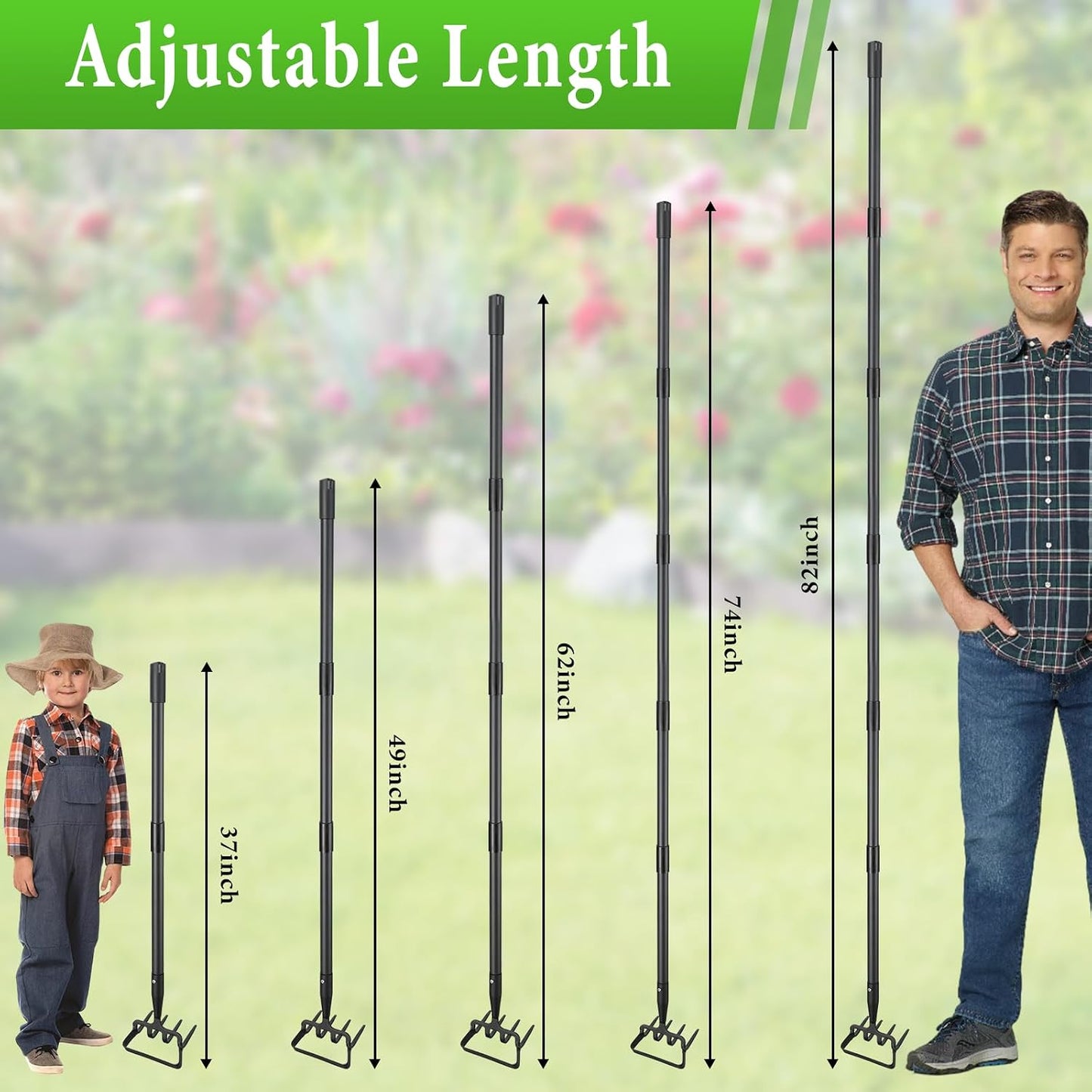Garden Hoe with Rake, 37-82" Adjustable Long Handle Stirrup Weeder Hoe & 4-Tine Cultivator, Heavy Duty Scuffle Loop Hoe for Fast Weeding, Soil Loosening, Flower Beds, Vegetable Gardens