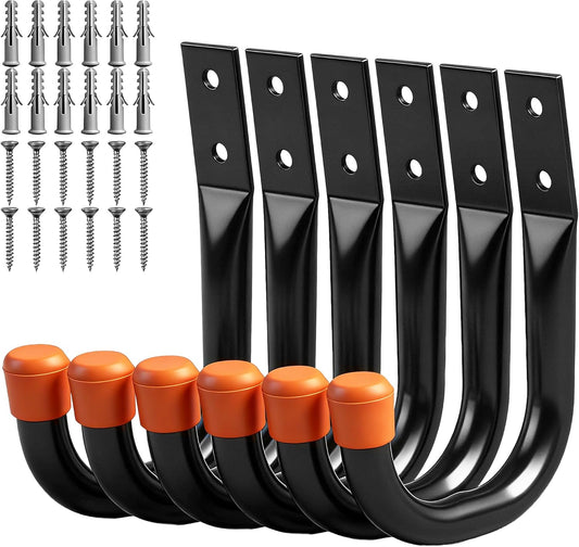 6-Pack Heavy Duty Metal Wall Hooks, Large Garage Storage & Organization Hooks for Tools, Extension Cords, Ladders, and Bags, Wall Mount J Hooks for Indoor Outdoor Use, Black
