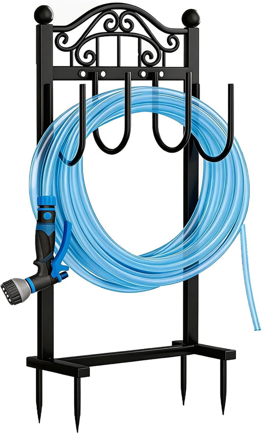 Garden Hose Holder, Easy Coiling & Tangle-Free Metal Hose Reel, Portable Water Hose Storage Organizer for 100FT Hoses, Freestanding Hose Holder for Lawn, Yard and Garden, Black