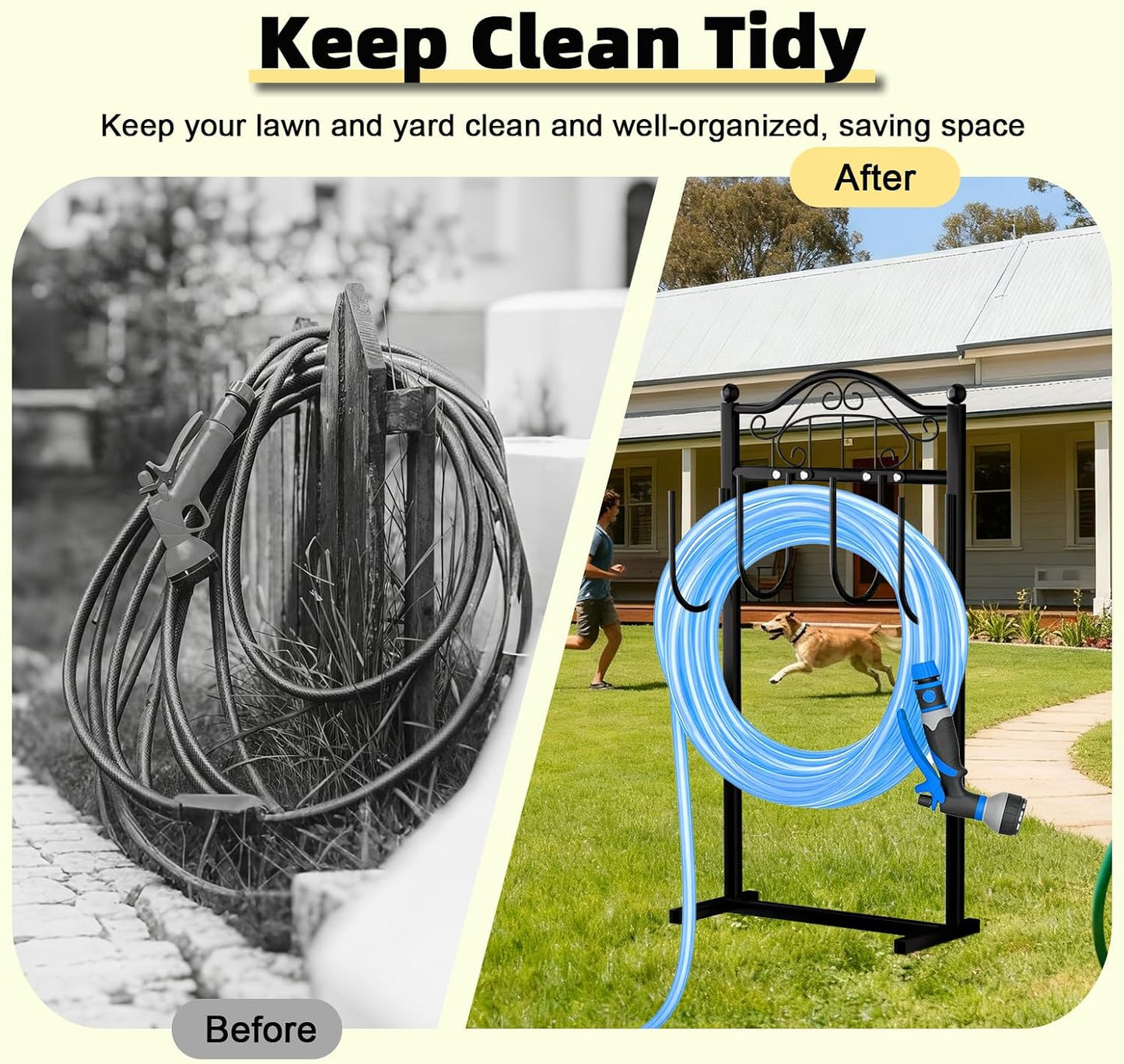 Garden Hose Holder, Easy Coiling & Tangle-Free Metal Hose Reel, Portable Water Hose Storage Organizer for 100FT Hoses, Freestanding Hose Holder for Lawn, Yard and Garden, Black