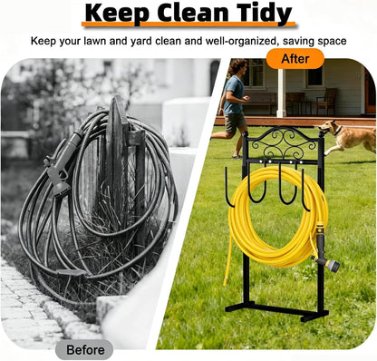 Garden Hose Holder, Easy Coiling & Tangle-Free Metal Hose Reel, Portable Water Hose Storage Organizer for 100FT Hoses, Freestanding Hose Holder for Lawn, Yard and Garden, Black