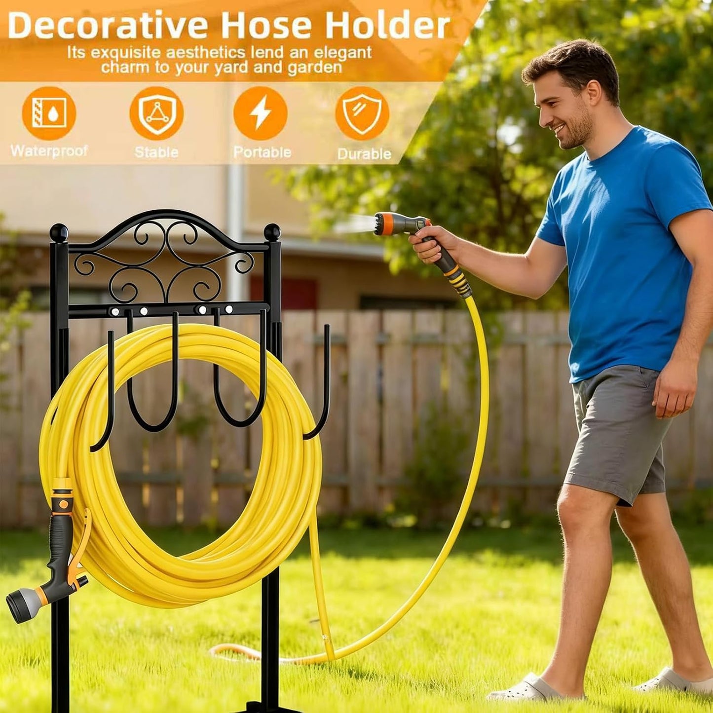 Garden Hose Holder, Easy Coiling & Tangle-Free Metal Hose Reel, Portable Water Hose Storage Organizer for 100FT Hoses, Freestanding Hose Holder for Lawn, Yard and Garden, Black
