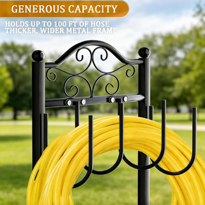 Garden Hose Holder, Easy Coiling & Tangle-Free Metal Hose Reel, Portable Water Hose Storage Organizer for 100FT Hoses, Freestanding Hose Holder for Lawn, Yard and Garden, Black