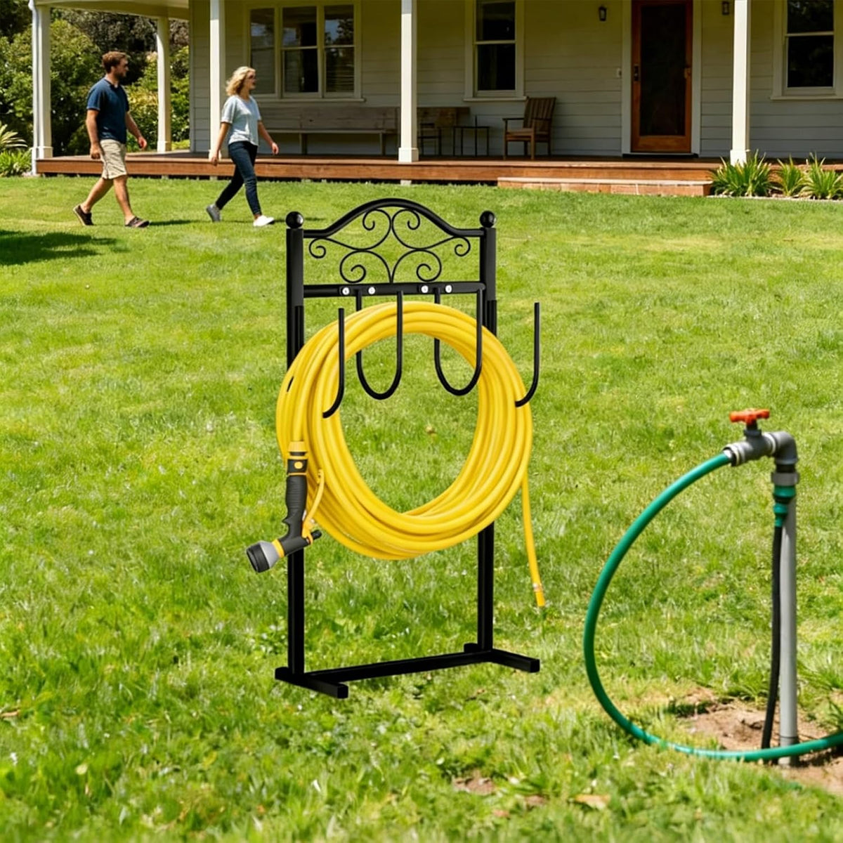 Garden Hose Holder, Easy Coiling & Tangle-Free Metal Hose Reel, Portable Water Hose Storage Organizer for 100FT Hoses, Freestanding Hose Holder for Lawn, Yard and Garden, Black