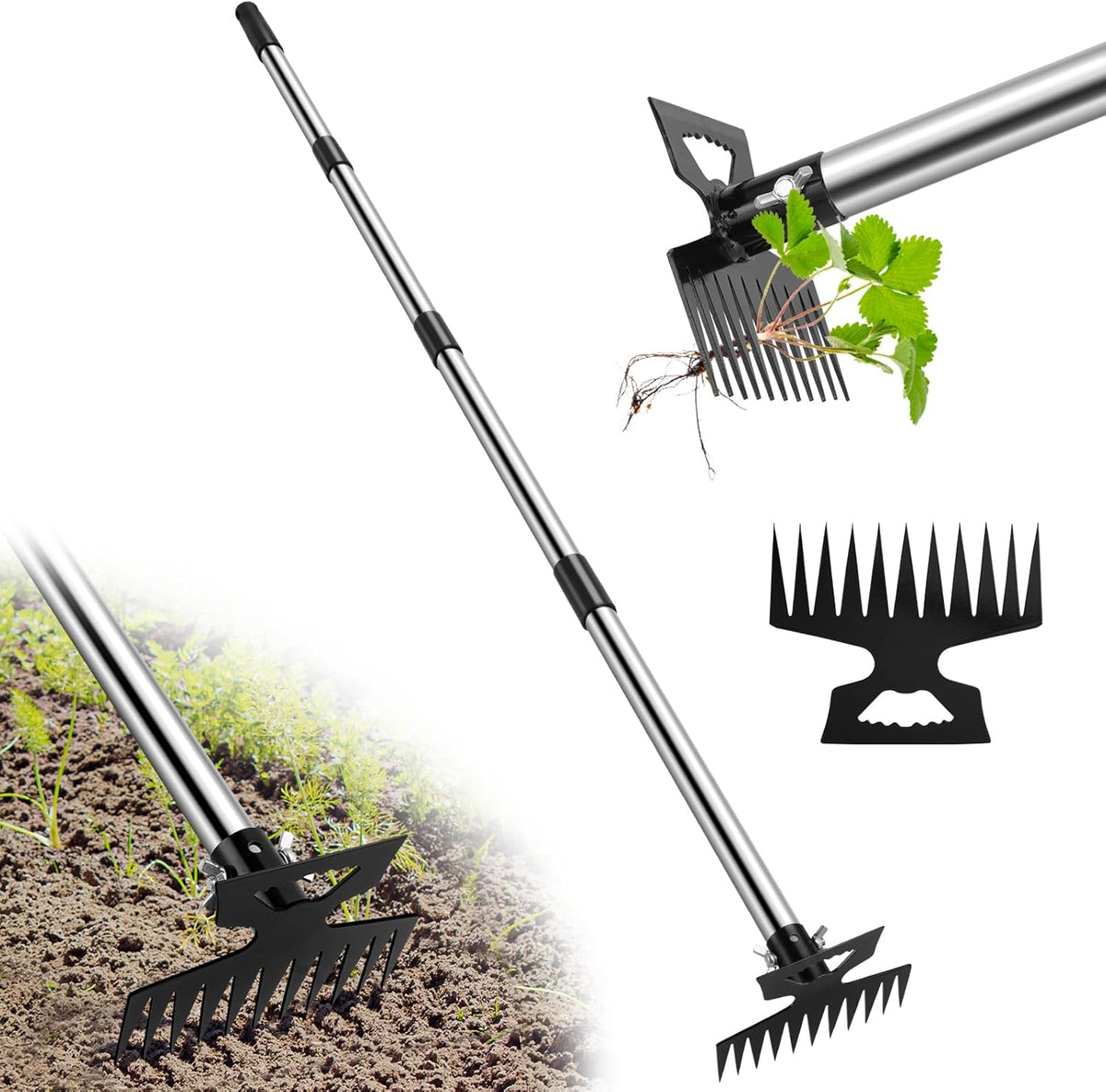 Weed Puller Tool with Long Handle, 2 in 1 Manual Weed Rake and Garden Hoe, 11 Tooth Weed Remover Tool, Hoe Garden Tool, Uprooting Weeding Tool for Yard, Lawn, Patio and Garden