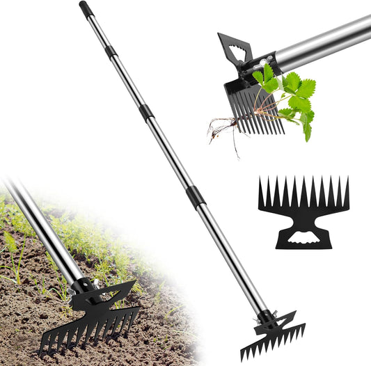 Weed Puller Tool with Long Handle, 2 in 1 Manual Weed Rake and Garden Hoe, 11 Tooth Weed Remover Tool, Hoe Garden Tool, Uprooting Weeding Tool for Yard, Lawn, Patio and Garden