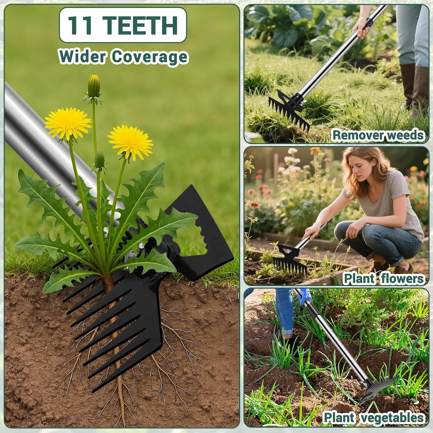 Weed Puller Tool with Long Handle, 2 in 1 Manual Weed Rake and Garden Hoe, 11 Tooth Weed Remover Tool, Hoe Garden Tool, Uprooting Weeding Tool for Yard, Lawn, Patio and Garden