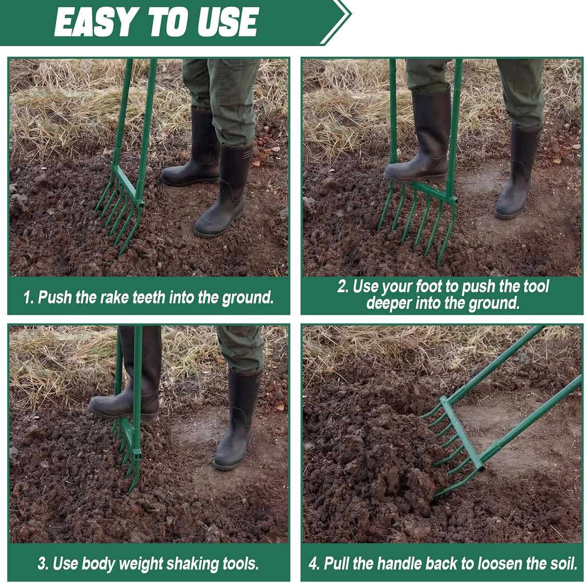 Heavy Duty Garden Broadfork 59" Steel Long Dual Handle Pitch Fork 16" Wide Broadfork 6 Steel Tines U-Shaped Hand Tiller Broad Fork for Farm and Garden Soil Loosening Weeding Composting Aeration