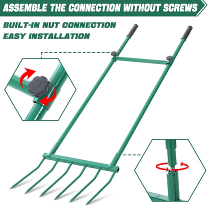 Heavy Duty Garden Broadfork 59" Steel Long Dual Handle Pitch Fork 16" Wide Broadfork 6 Steel Tines U-Shaped Hand Tiller Broad Fork for Farm and Garden Soil Loosening Weeding Composting Aeration
