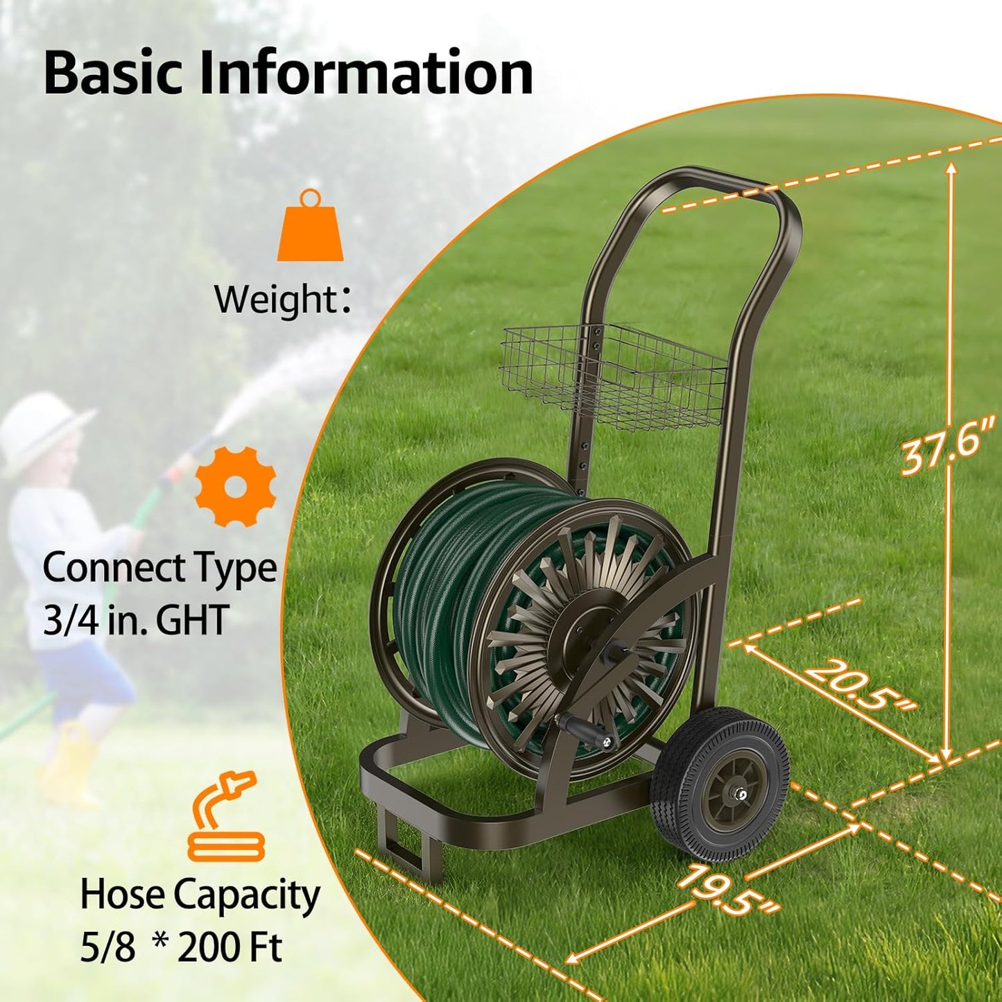 Garden Hose Reel Cart, Holds 200Ft 5/8" Hose, Easy Install