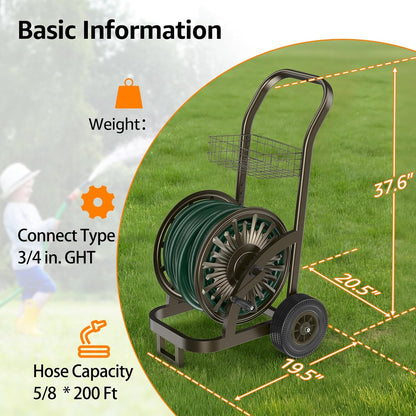 Garden Hose Reel Cart, Holds 200Ft 5/8" Hose, Easy Install
