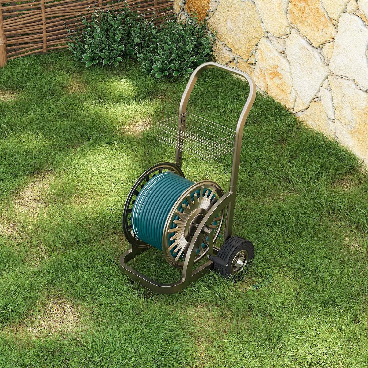 Garden Hose Reel Cart, Holds 200Ft 5/8" Hose, Easy Install
