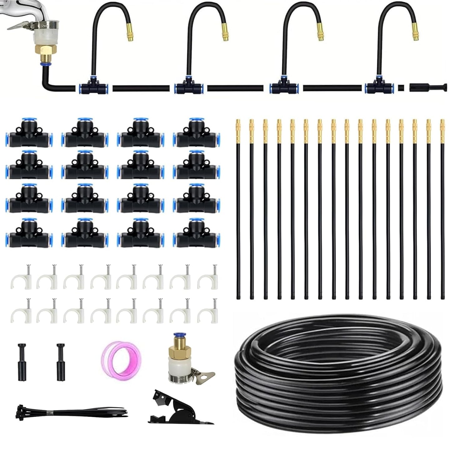 50 FT Drip Irrigation System 5/16 Inch Tubing with 16 Nozzles, Automatic Watering Misting System, Adjustable Sprinkler for Garden, Lawn, Plants, and Raised Bed