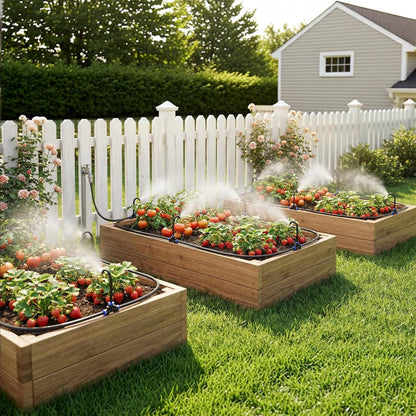50 FT Drip Irrigation System 5/16 Inch Tubing with 16 Nozzles, Automatic Watering Misting System, Adjustable Sprinkler for Garden, Lawn, Plants, and Raised Bed