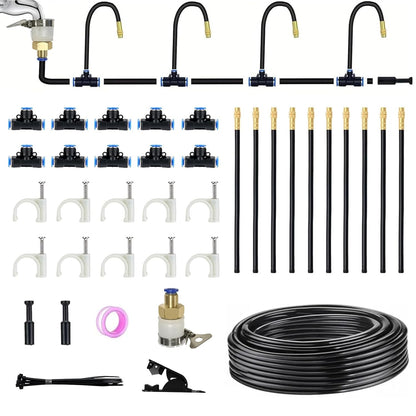 50 FT Drip Irrigation System 5/16 Inch Tubing with 16 Nozzles, Automatic Watering Misting System, Adjustable Sprinkler for Garden, Lawn, Plants, and Raised Bed