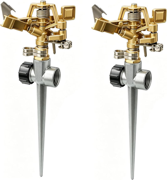 2 Pack Impact Lawn Sprinklers for Yard, Heavy Duty Water Sprinkler Head with Aluminum Alloy Spike Base, Adjustable Pulsating Sprinkler for Large Area Lawn Patio Garden