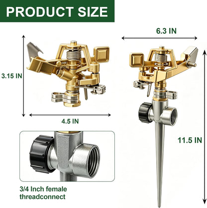 2 Pack Impact Lawn Sprinklers for Yard, Heavy Duty Water Sprinkler Head with Aluminum Alloy Spike Base, Adjustable Pulsating Sprinkler for Large Area Lawn Patio Garden