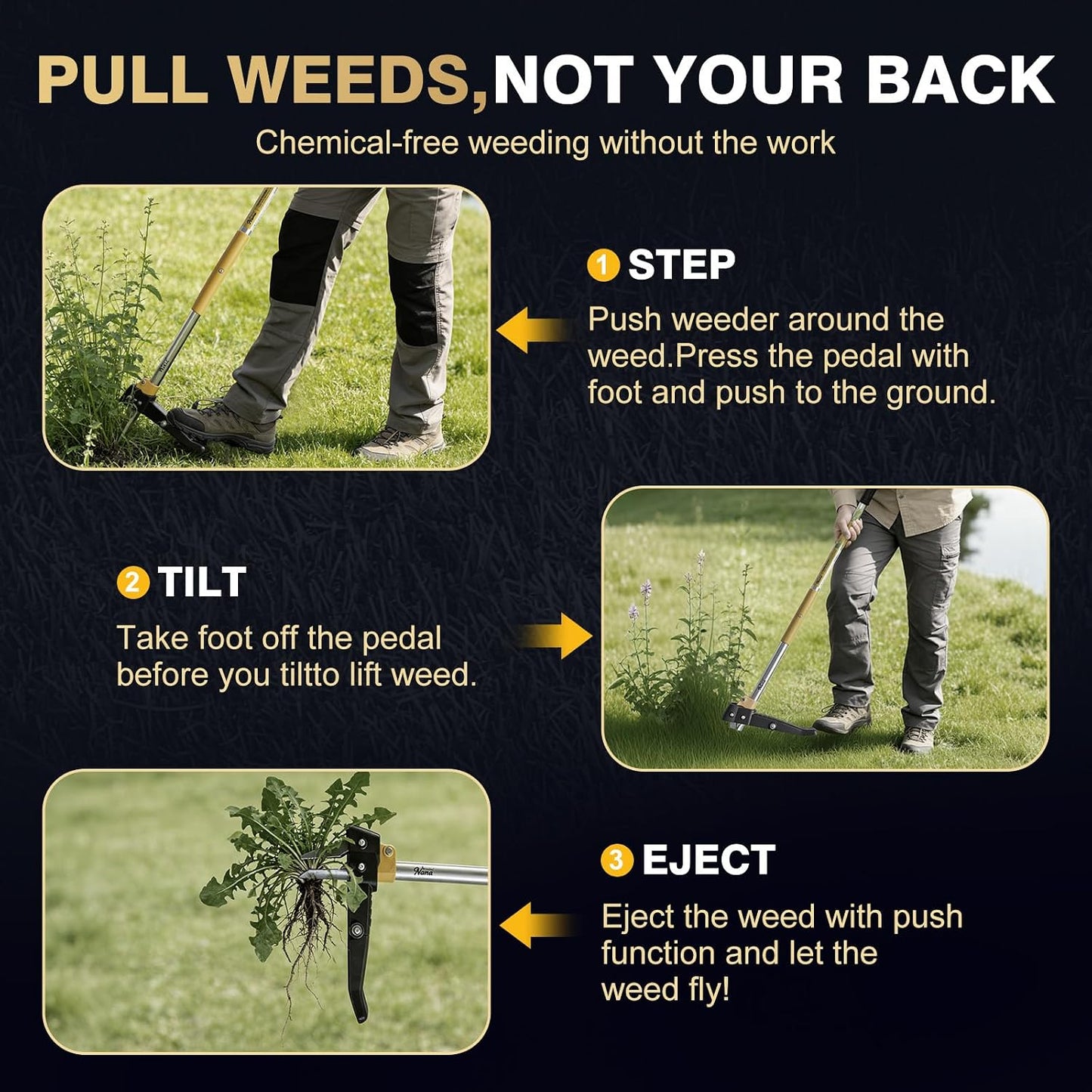 Stand Up Weed Puller Tool 3-Claw, Gardening Weeder, Hand Weeding Tool with 39" Long Ergonomic Handle Weeding Tool