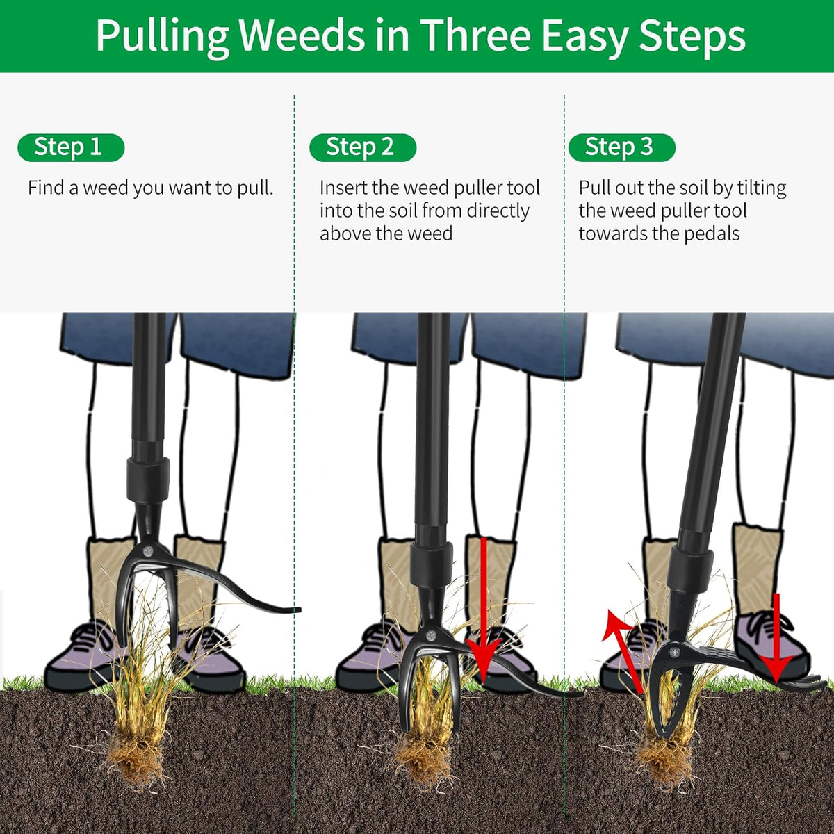 Weed Puller Tool, Gardening Stand Up Weeding Tool with 39" Stainless Steel Long Handle and Steel Claws for Lawn and Garden,Easily Remove Weeds Without Bending, Pulling,or Kneeling