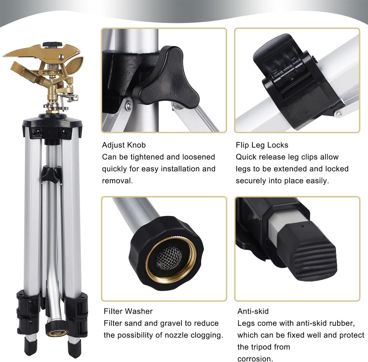 Large Impact Sprinkler Head on Tripod Base, Adjustable Zinc Alloy Lawn Sprinklers for Yard Lawn Garden, 3/4" NH Connector, 360 Degree Large Area Coverage Irrigator with Extension Legs, 2 Pack