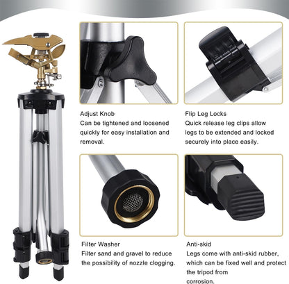 Large Impact Sprinkler Head on Tripod Base, Adjustable Zinc Alloy Lawn Sprinklers for Yard Lawn Garden, 3/4" NH Connector, 360 Degree Large Area Coverage Irrigator with Extension Legs, 2 Pack