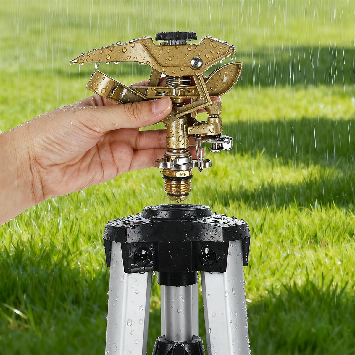 Large Impact Sprinkler Head on Tripod Base, Adjustable Zinc Alloy Lawn Sprinklers for Yard Lawn Garden, 3/4" NH Connector, 360 Degree Large Area Coverage Irrigator with Extension Legs, 2 Pack