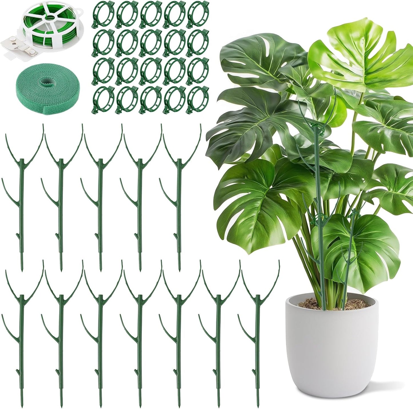 12pcs Plant Support Stakes, Monstera Plant Support Stakes for Indoor Plants with 20 Meter Binding Wire, 2 Meter Velcro Roll and 50 pcs plant clips, Perfect for Supporting Monstera and Climbing Plants