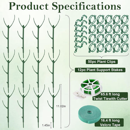 12pcs Plant Support Stakes, Monstera Plant Support Stakes for Indoor Plants with 20 Meter Binding Wire, 2 Meter Velcro Roll and 50 pcs plant clips, Perfect for Supporting Monstera and Climbing Plants