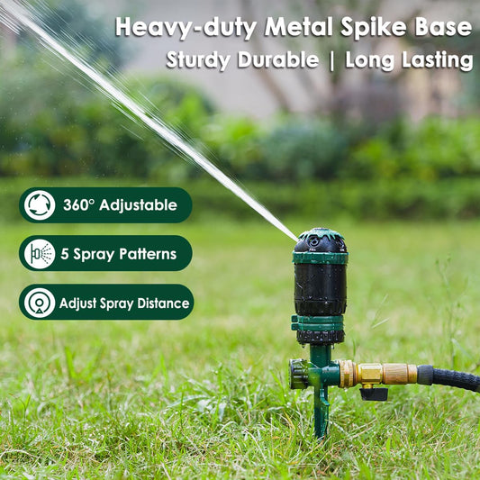 Heavy Duty Gear Drive Sprinkler with Metal Spike Base, 5-Pattern Adjustable Sprinkler Irrigation System, 360 Degree Rotating Water Sprinkler for Large Area Yard, Garden Plant