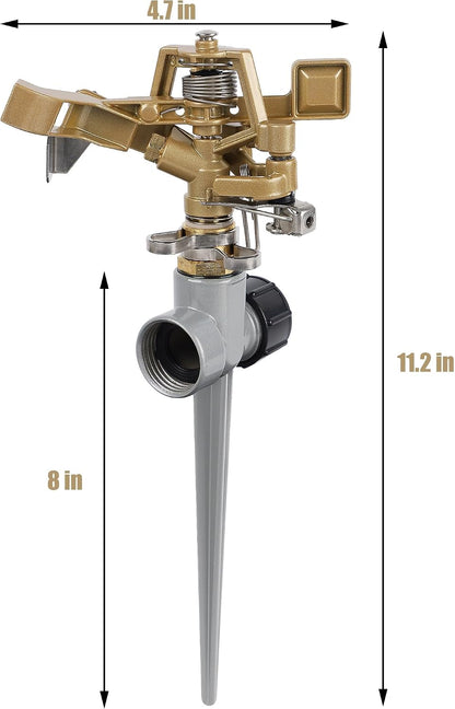 2 Pack Impact Sprinklers with Stand (Spike), Heavy Duty Zinc Alloy Lawn Sprinkler Head on Spike Base, Adjustable Watering Sprinkler for Large Area Grass Yards Patio Garden Irrigation