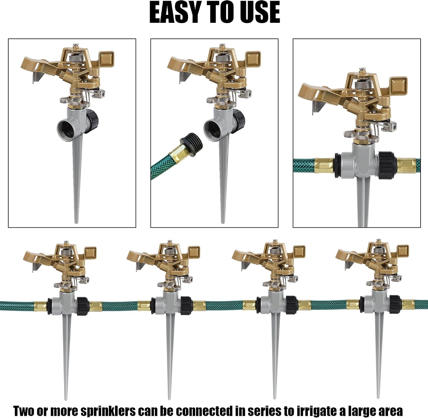 2 Pack Impact Sprinklers with Stand (Spike), Heavy Duty Zinc Alloy Lawn Sprinkler Head on Spike Base, Adjustable Watering Sprinkler for Large Area Grass Yards Patio Garden Irrigation