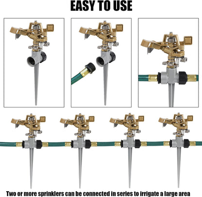 2 Pack Impact Sprinklers with Stand (Spike), Heavy Duty Zinc Alloy Lawn Sprinkler Head on Spike Base, Adjustable Watering Sprinkler for Large Area Grass Yards Patio Garden Irrigation