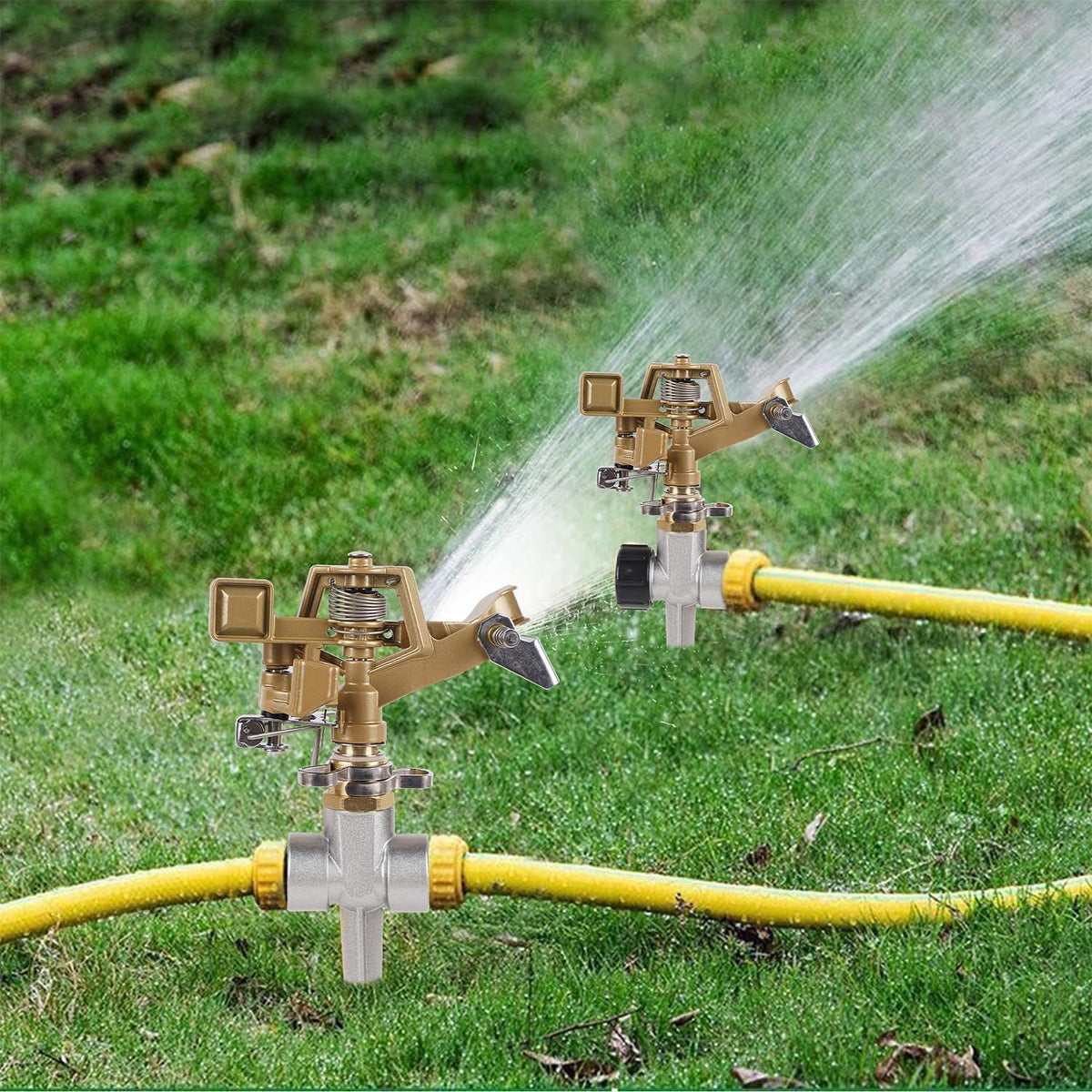 2 Pack Impact Sprinklers with Stand (Spike), Heavy Duty Zinc Alloy Lawn Sprinkler Head on Spike Base, Adjustable Watering Sprinkler for Large Area Grass Yards Patio Garden Irrigation