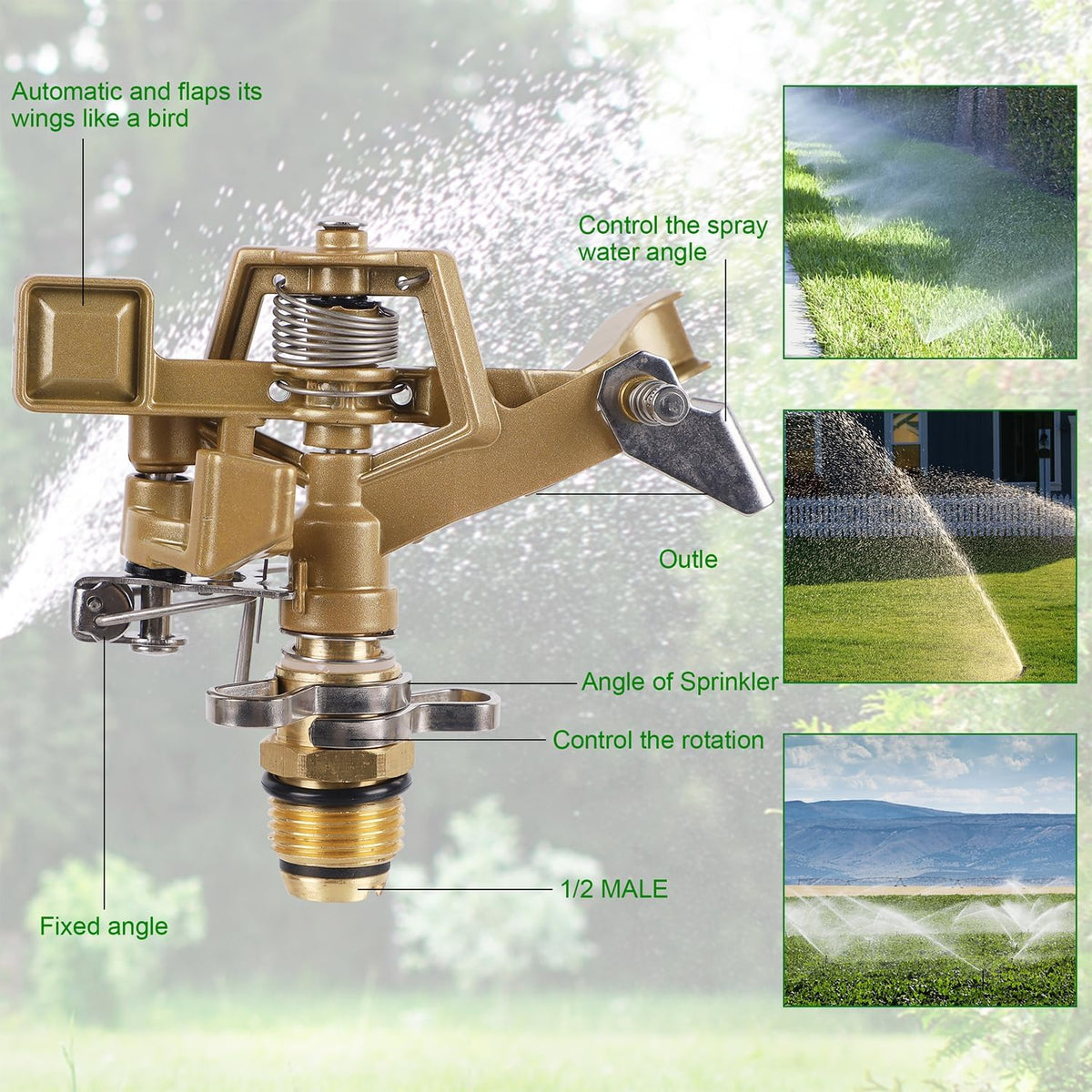 2 Pack Impact Sprinklers with Stand (Spike), Heavy Duty Zinc Alloy Lawn Sprinkler Head on Spike Base, Adjustable Watering Sprinkler for Large Area Grass Yards Patio Garden Irrigation