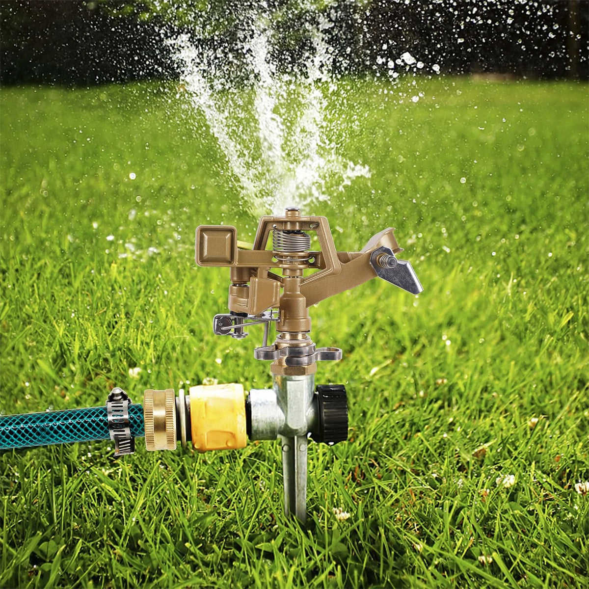 2 Pack Impact Sprinklers with Stand (Spike), Heavy Duty Zinc Alloy Lawn Sprinkler Head on Spike Base, Adjustable Watering Sprinkler for Large Area Grass Yards Patio Garden Irrigation