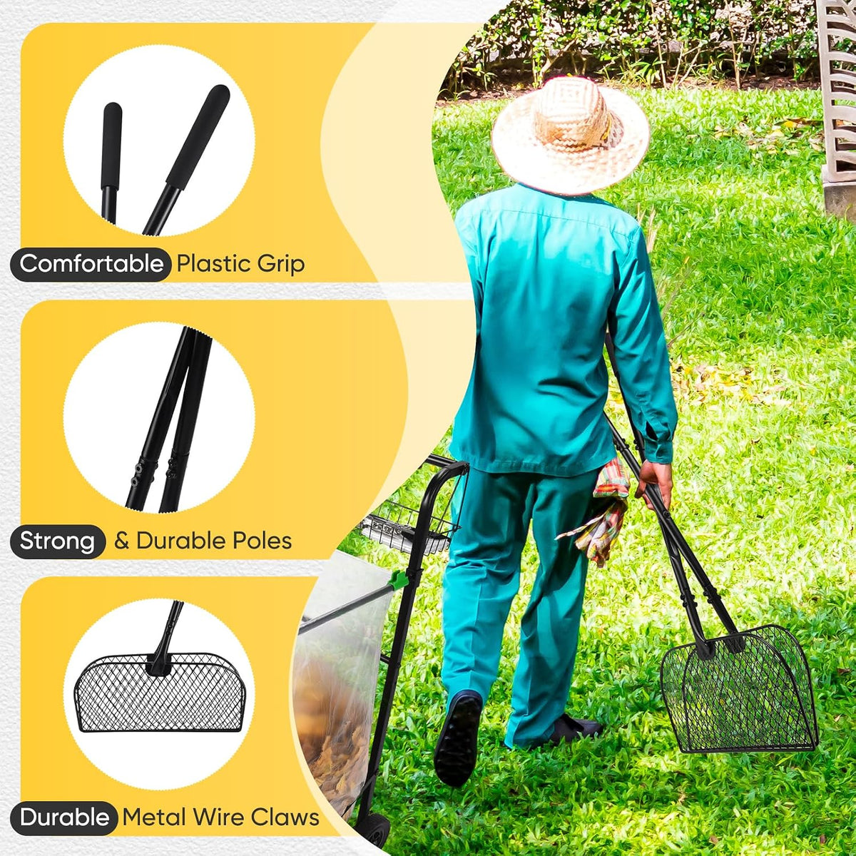 Leaf Grabber Rake, Long Handle Metal Leaf Picker Upper, Efficient and Labor-Saving Yard Rake Leaves Grabber for Garden Cleaning No Bending Over