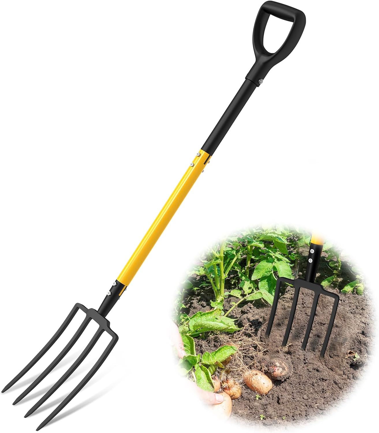 Pitch Fork, 4 Tine Heavy Duty Garden Fork Ergonomic Handle for Gardening