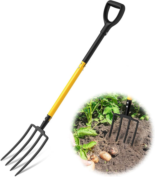 Pitch Fork, 4 Tine Heavy Duty Garden Fork Ergonomic Handle for Gardening