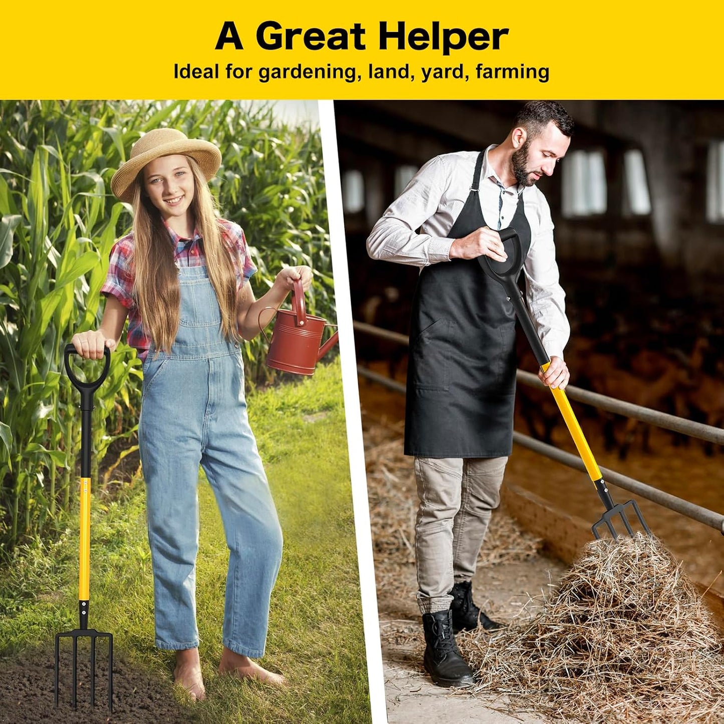 Pitch Fork, 4 Tine Heavy Duty Garden Fork Ergonomic Handle for Gardening