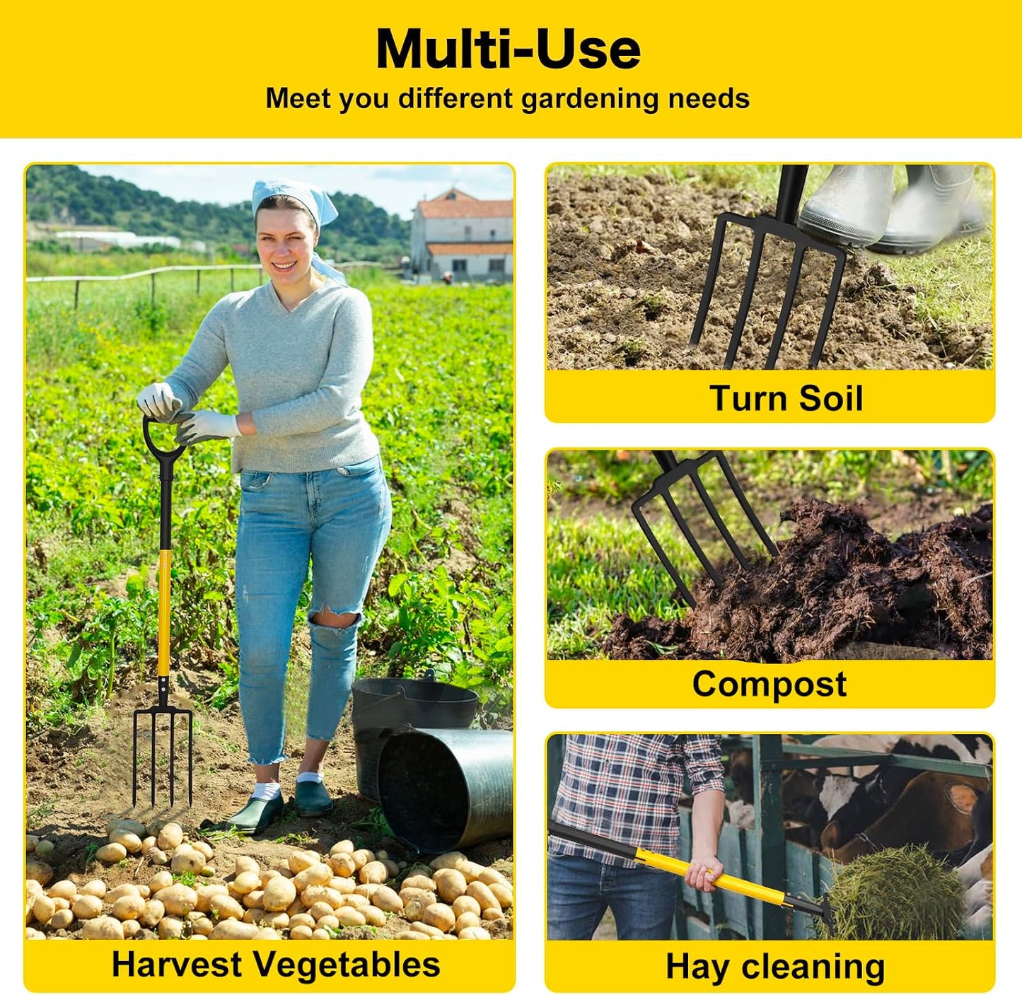 Pitch Fork, 4 Tine Heavy Duty Garden Fork Ergonomic Handle for Gardening