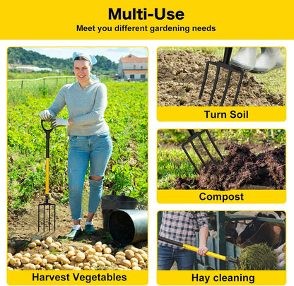 Pitch Fork, 4 Tine Heavy Duty Garden Fork Ergonomic Handle for Gardening