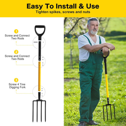 Pitch Fork, 4 Tine Heavy Duty Garden Fork Ergonomic Handle for Gardening