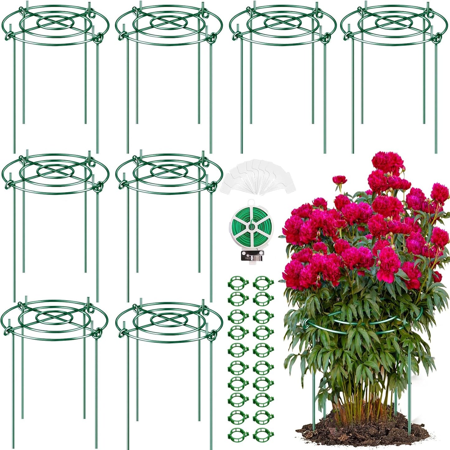 8 Pack Peony Cages and Supports with Plant Support Stakes for Outdoor Indoor Plants 12" D 16" High Tall Heavy Duty Metal Peony Support Cage Ring for Peony Rose Flower Tomato Hydrangea