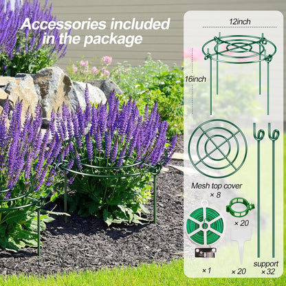 8 Pack Peony Cages and Supports with Plant Support Stakes for Outdoor Indoor Plants 12" D 16" High Tall Heavy Duty Metal Peony Support Cage Ring for Peony Rose Flower Tomato Hydrangea