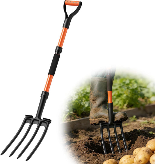 Garden Fork for Digging, 4-Tine Pitch Fork with Foot Step, Ergonomic Y-Handle & Comfortable Grip, Lightweight Durable Pitchfork for Soil Loosening, Compost, Mulch, Weeding & Potato Harvest - 43 Inches