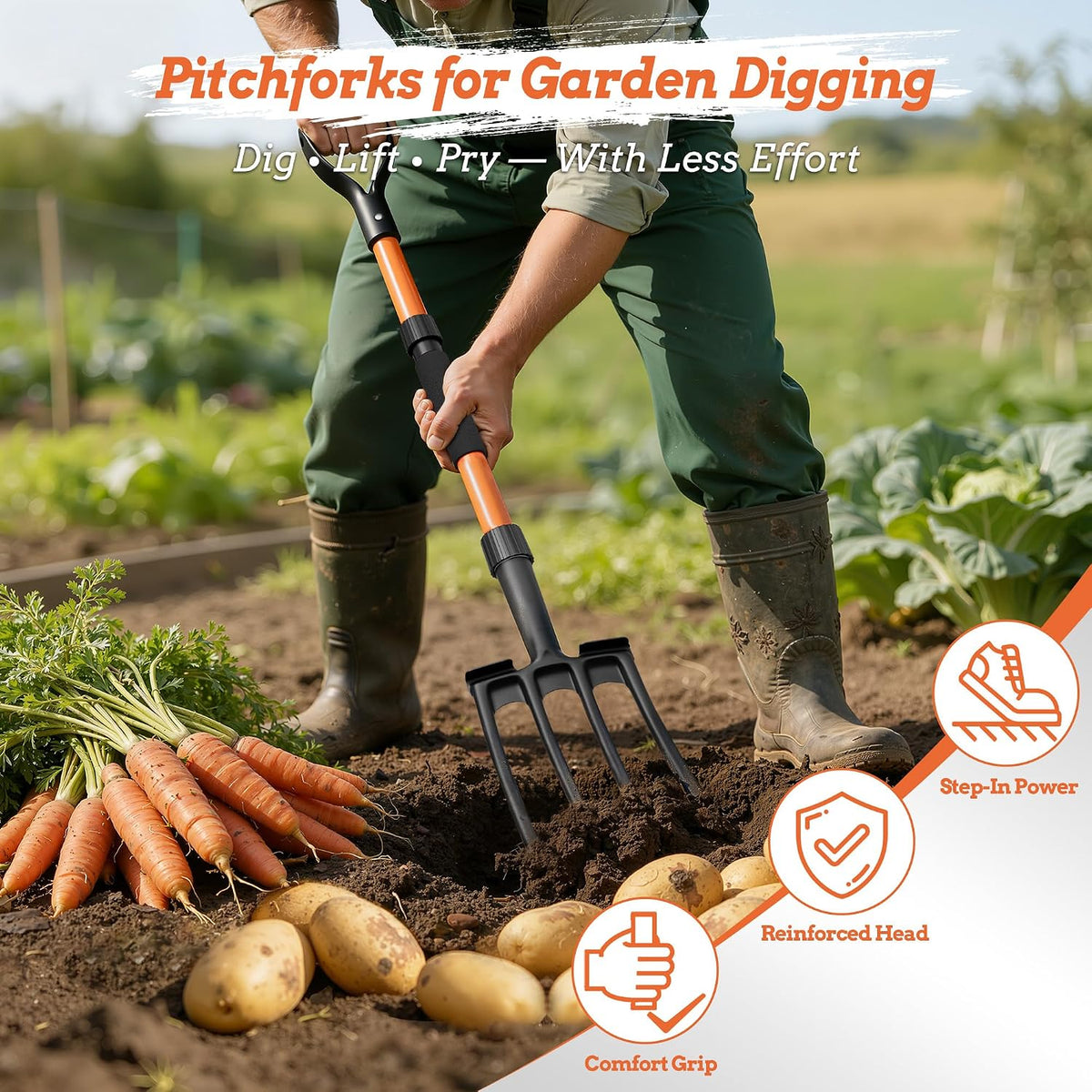 Garden Fork for Digging, 4-Tine Pitch Fork with Foot Step, Ergonomic Y-Handle & Comfortable Grip, Lightweight Durable Pitchfork for Soil Loosening, Compost, Mulch, Weeding & Potato Harvest - 43 Inches