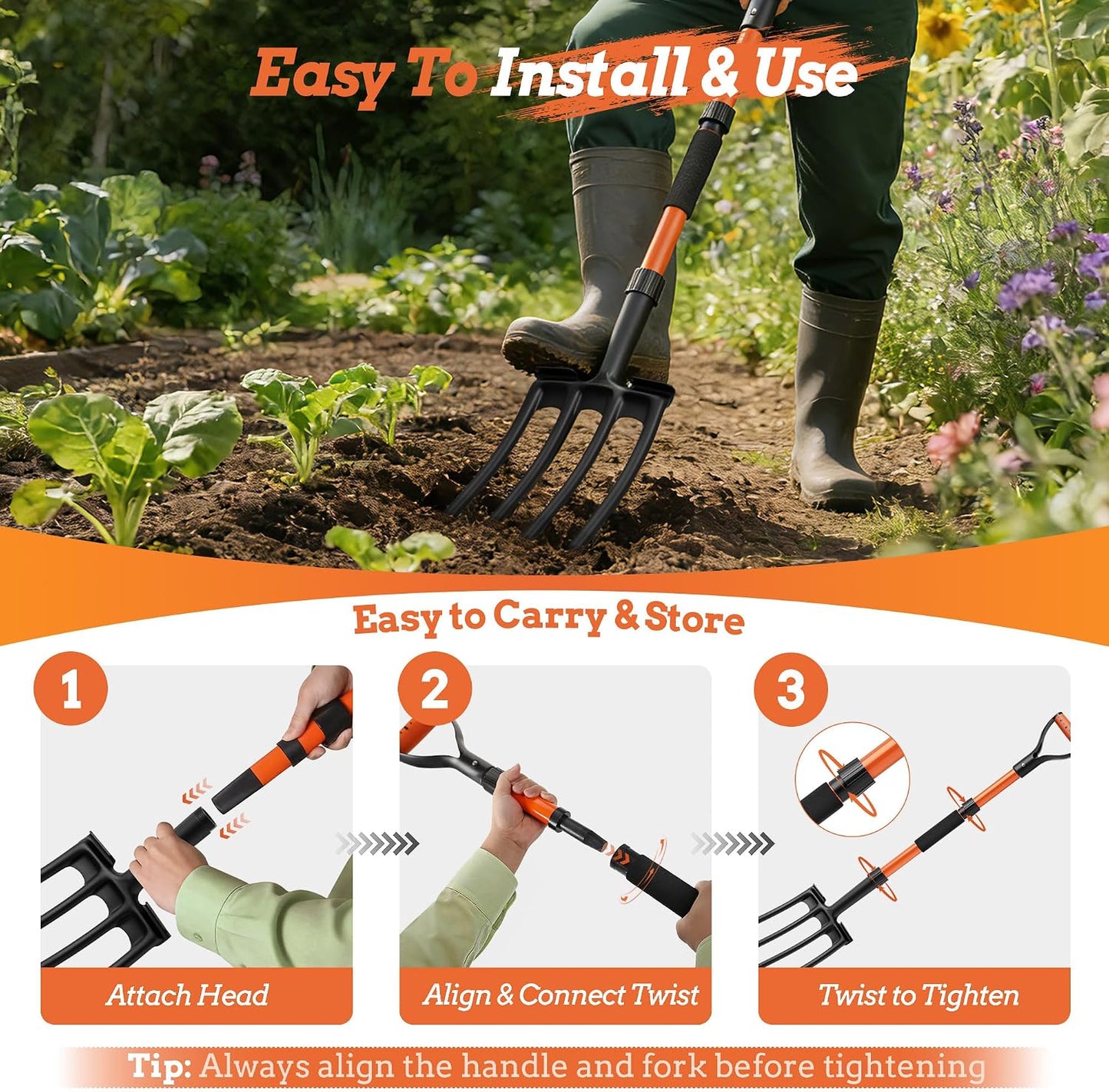Garden Fork for Digging, 4-Tine Pitch Fork with Foot Step, Ergonomic Y-Handle & Comfortable Grip, Lightweight Durable Pitchfork for Soil Loosening, Compost, Mulch, Weeding & Potato Harvest - 43 Inches