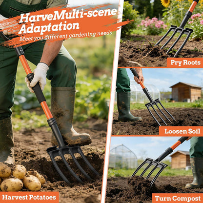 Garden Fork for Digging, 4-Tine Pitch Fork with Foot Step, Ergonomic Y-Handle & Comfortable Grip, Lightweight Durable Pitchfork for Soil Loosening, Compost, Mulch, Weeding & Potato Harvest - 43 Inches